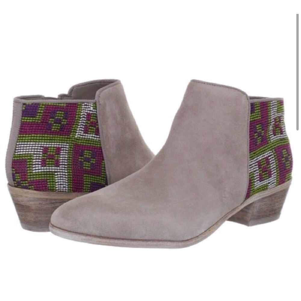 Sam Edelman, Putnam Taupe Suede Booties, Colorful Woven Back, Boho Western Ankle